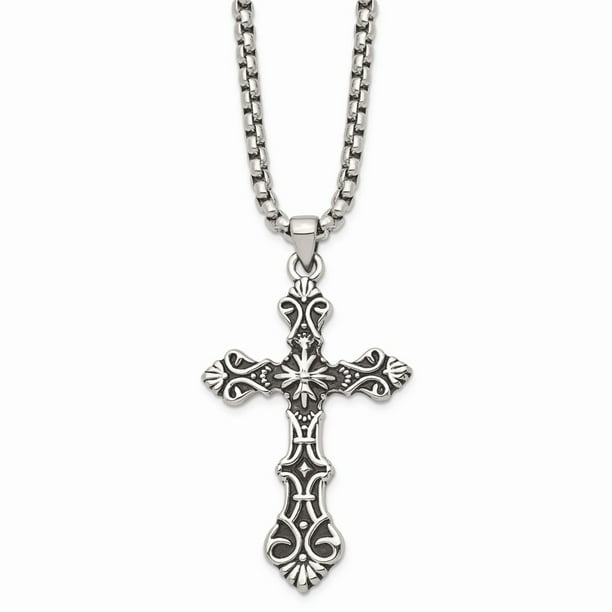 with Secure Lobster Lock Clasp Solid Stainless Steel Vintage Antiqued and Crystals Cross Pendant Necklace Charm Chain 